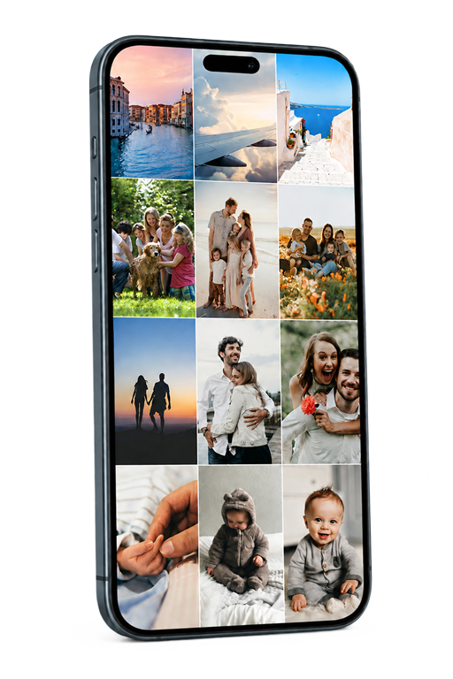 Galerie photo d’un smartphone avec des souvenirs de voyage, de famille, de couple et de bébé
